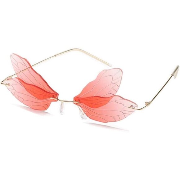 ?Women Red Dragonfly Wing Shape Frameless Irregular Shades Party Sun Glasses